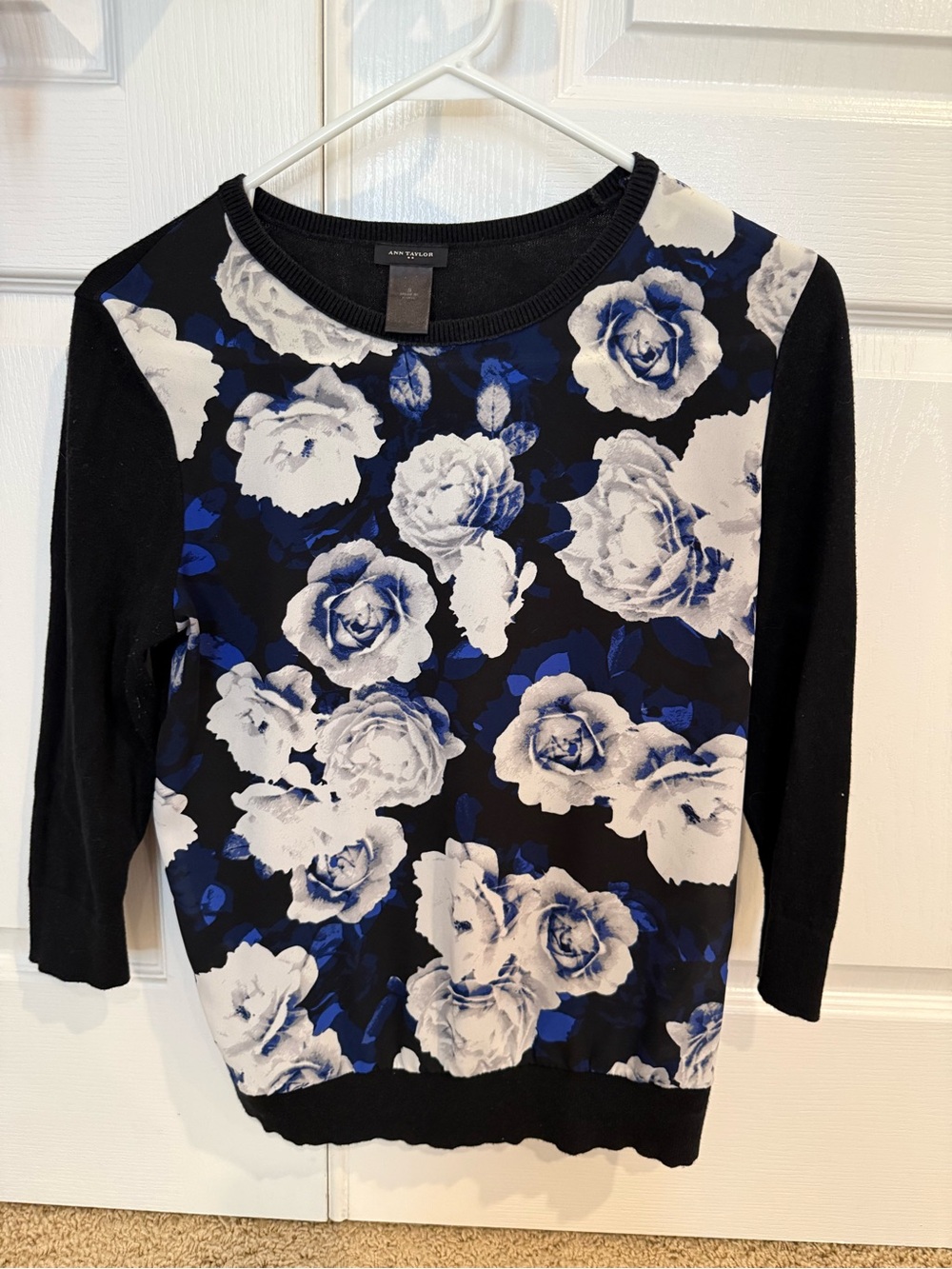 Ann Taylor Black Sweater with Blue & White Rose Print